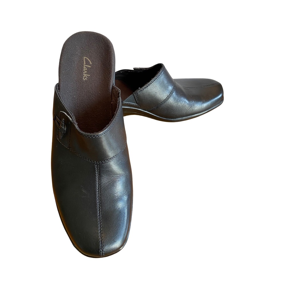 Clarks Black‎ Leather Clogs Mules Wedge Buckle Comfort Shoes Womens 8M